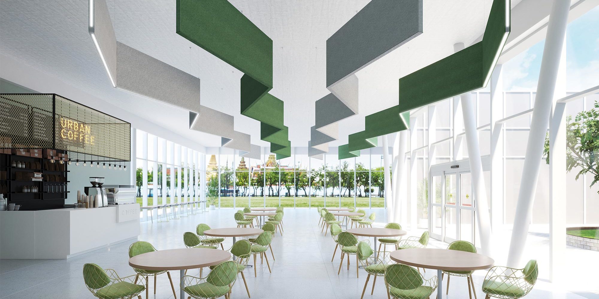 Green and gray acoustic lighting fixtures installed in a cafe