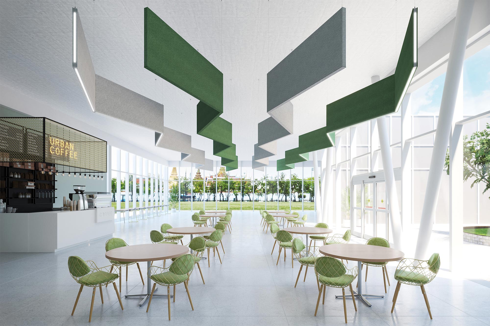 Green and gray acoustic lighting fixtures installed in a cafe