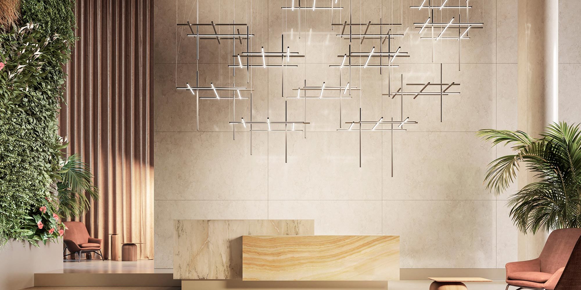 Decorative Lighting installed in a modern, upscale lobby