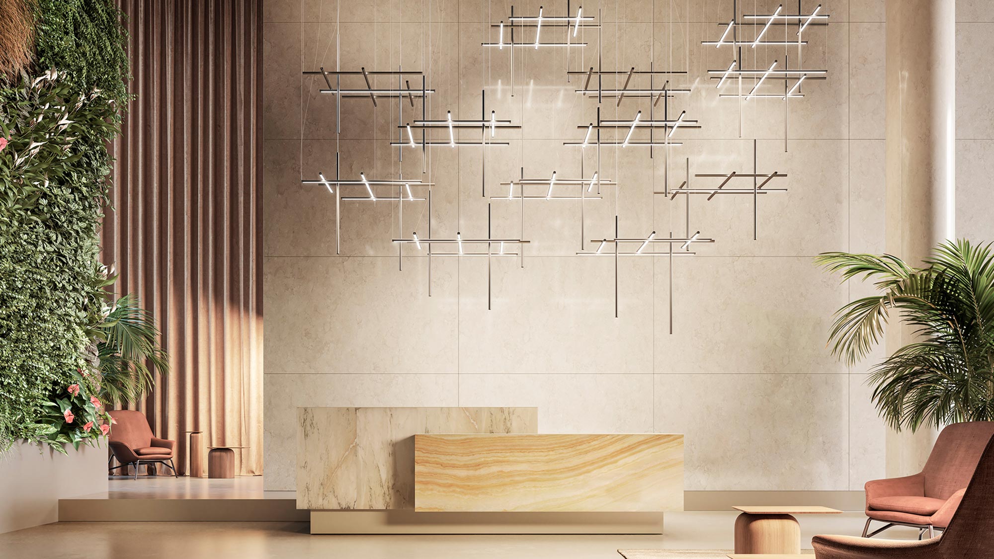 Decorative Lighting installed in a modern, upscale lobby
