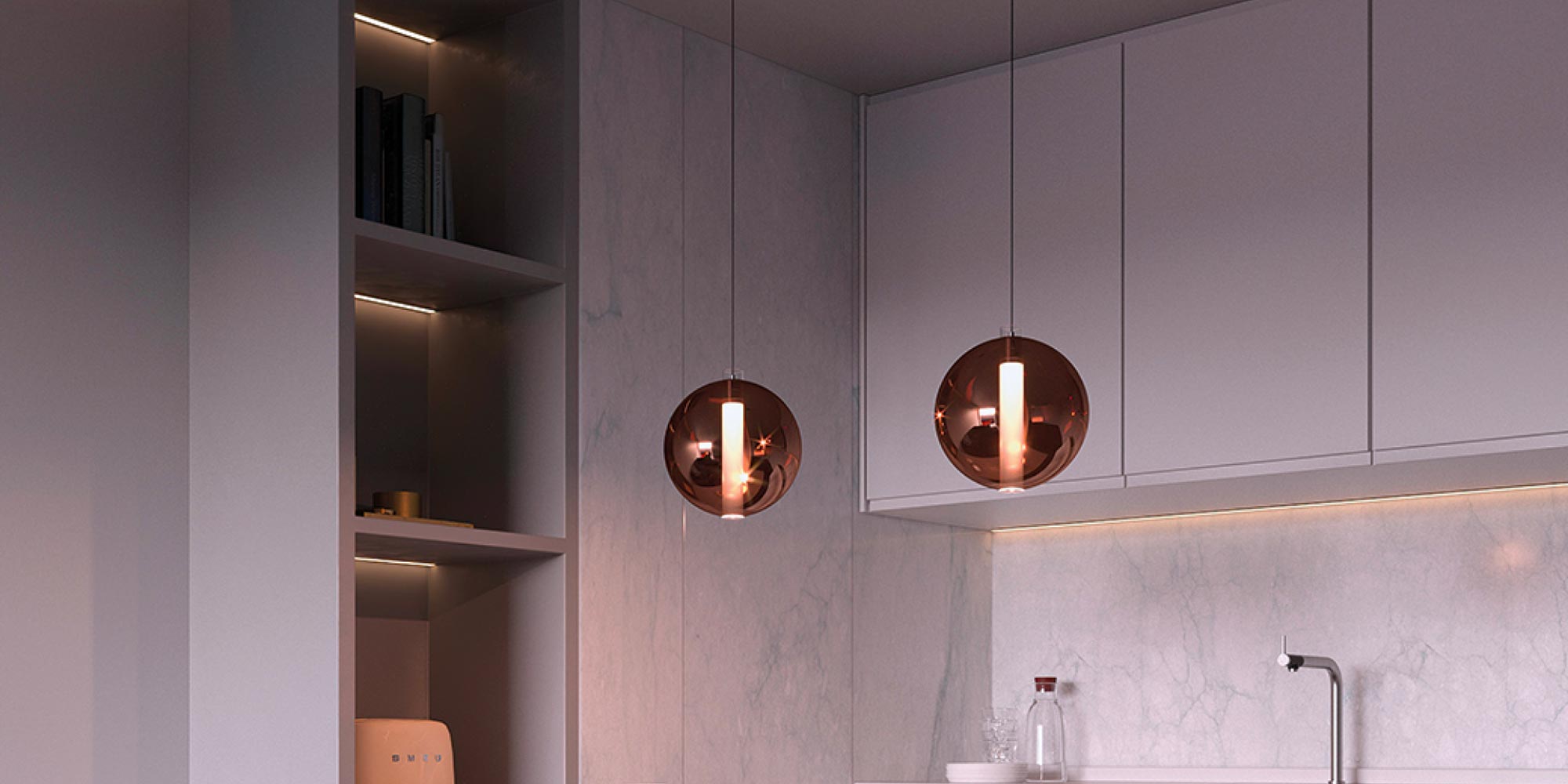 Gold Oscura Max spherical pendants by Zaneen