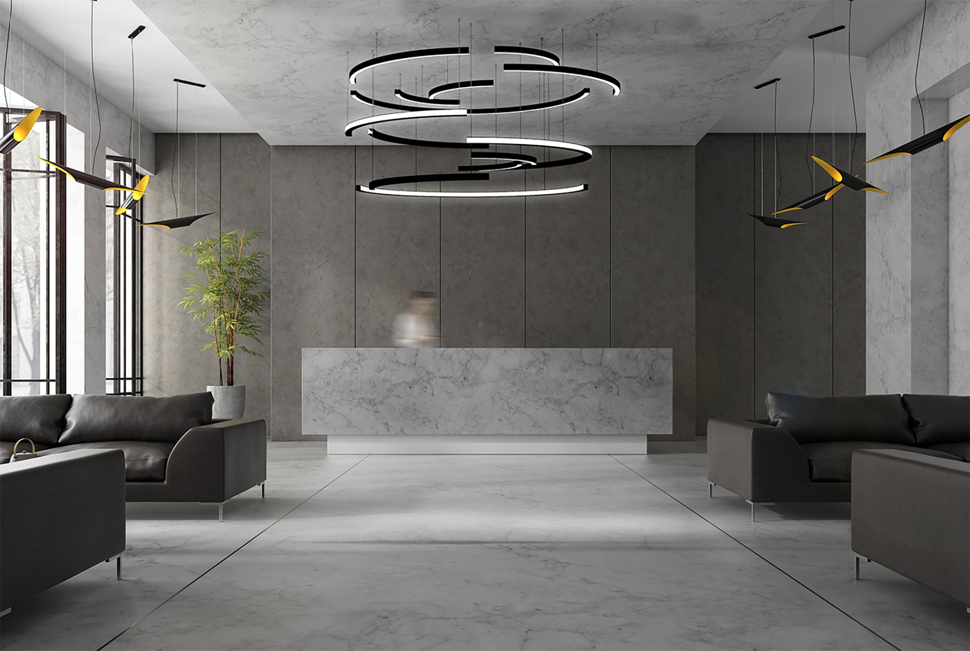 Architectural LED pendant lighting installed in a minimalist lobby space